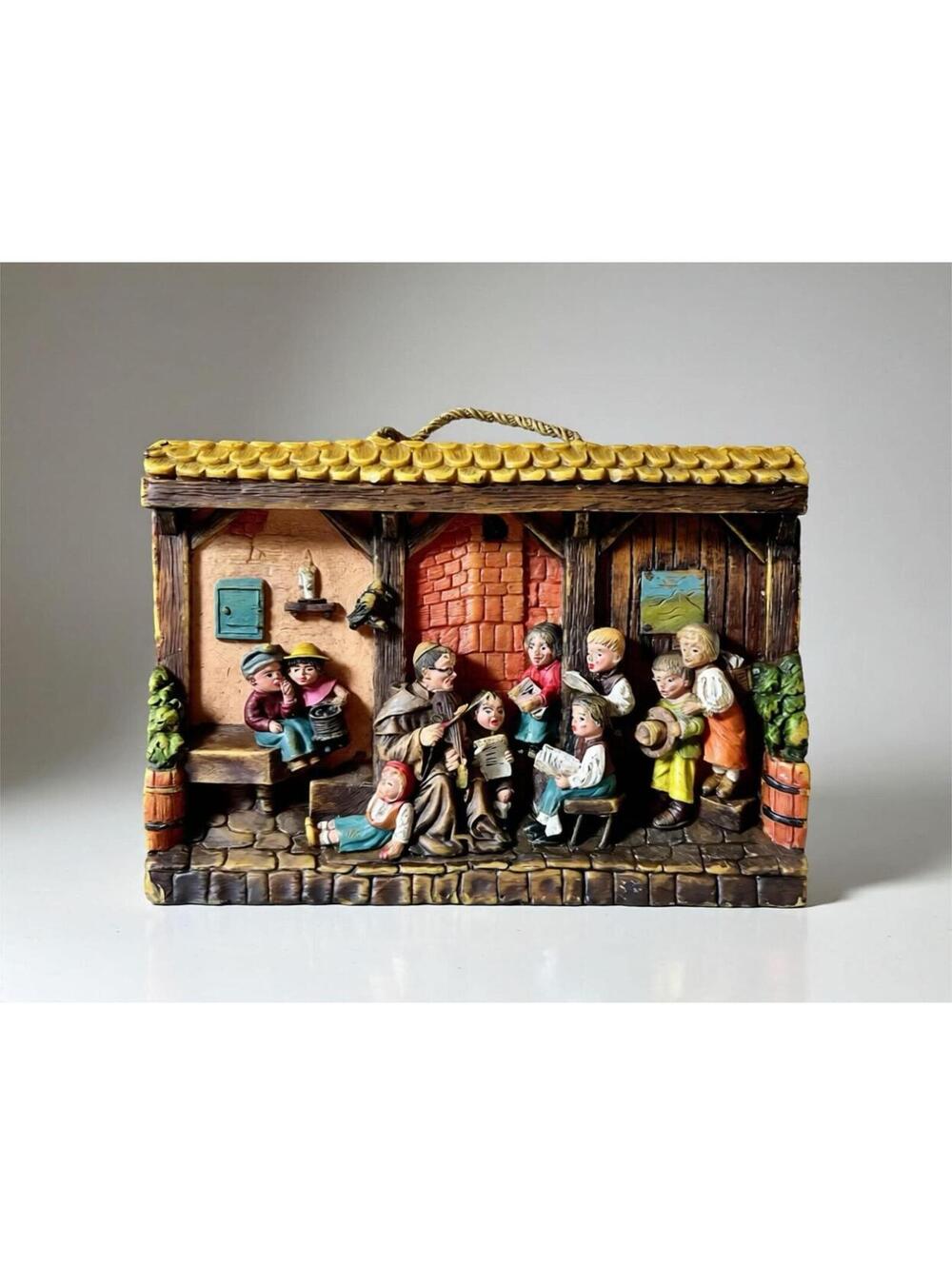 Vintage Carved German WAX wall hanging depicting a monk teaching children